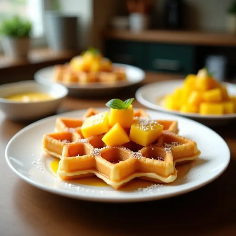 Bubble Waffle Hongkonés con Salsa de Mango y Coco: Desayuno Chino Crujiente