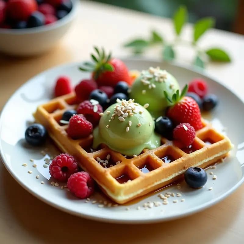 Bubble Waffles con Helado de Matcha y Frutos Rojos: Desayuno Japonés Viral y Colorido
