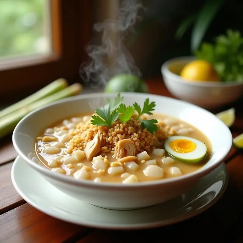 Bubur Ayam: Gachas de Arroz Indoneasias con Pollo Desmenuzado y Crujientes de Ajo