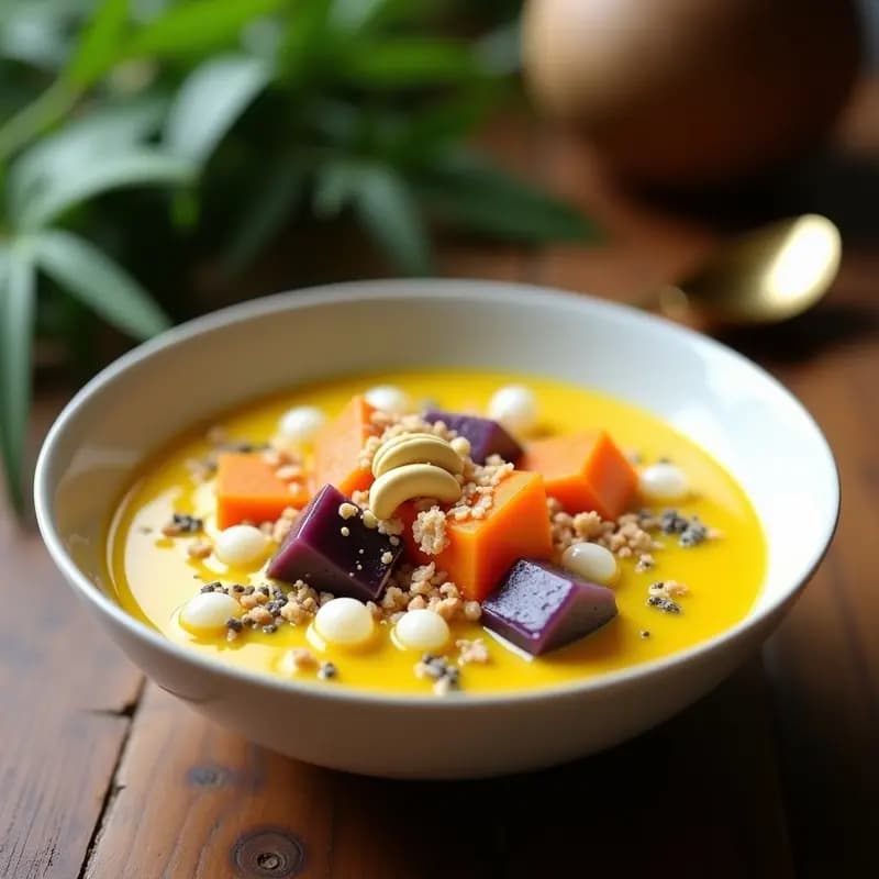 Bubur Cha Cha Malasio con Leche de Cúrcuma: Postre Ácido-Dulce Vegano y Sin Azúcar