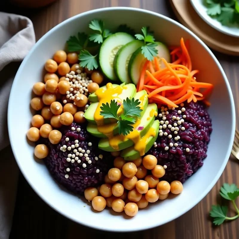 Buddha Bowl de Arroz Morado y Garbanzos Crujientes con Aderezo de Mango: Receta Peruana Colorida