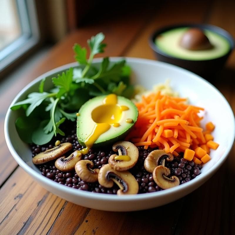 Buddha Bowl de Arroz Salvaje y Champiñones Salteados con Aderezo de Mostaza y Miel