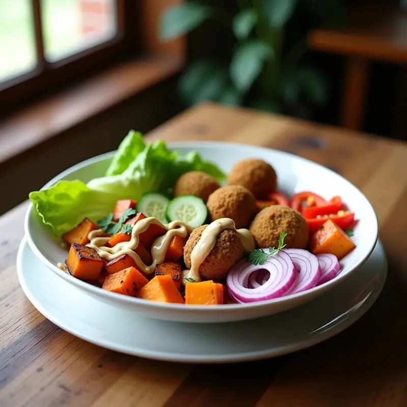 Buddha Bowl de Batata Asada, Falafel y Tahini: Receta Vegana Completa en 30 Minutos