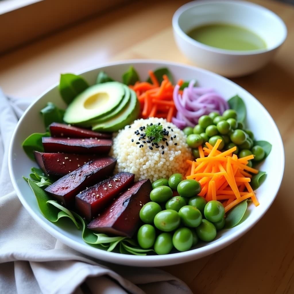 Buddha Bowl de Batata Morada, Edamame y Vinagreta de Wasabi: Receta Vegana Japón-Perú