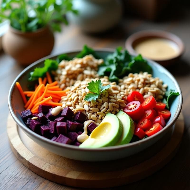 Buddha Bowl de Batata Morada y Tahini con Crunch de Semillas: Receta Vegana y Antiinflamatoria