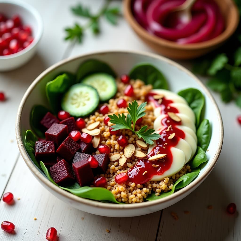 Buddha Bowl de Bulgur y Remolacha con Aderezo de Granado: Receta Árabe Keto y Detox
