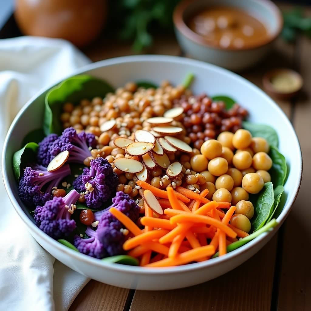 Buddha Bowl de Coliflor Morada y Aderezo de Tamarindo: Receta Vegana con Toppings Crujientes