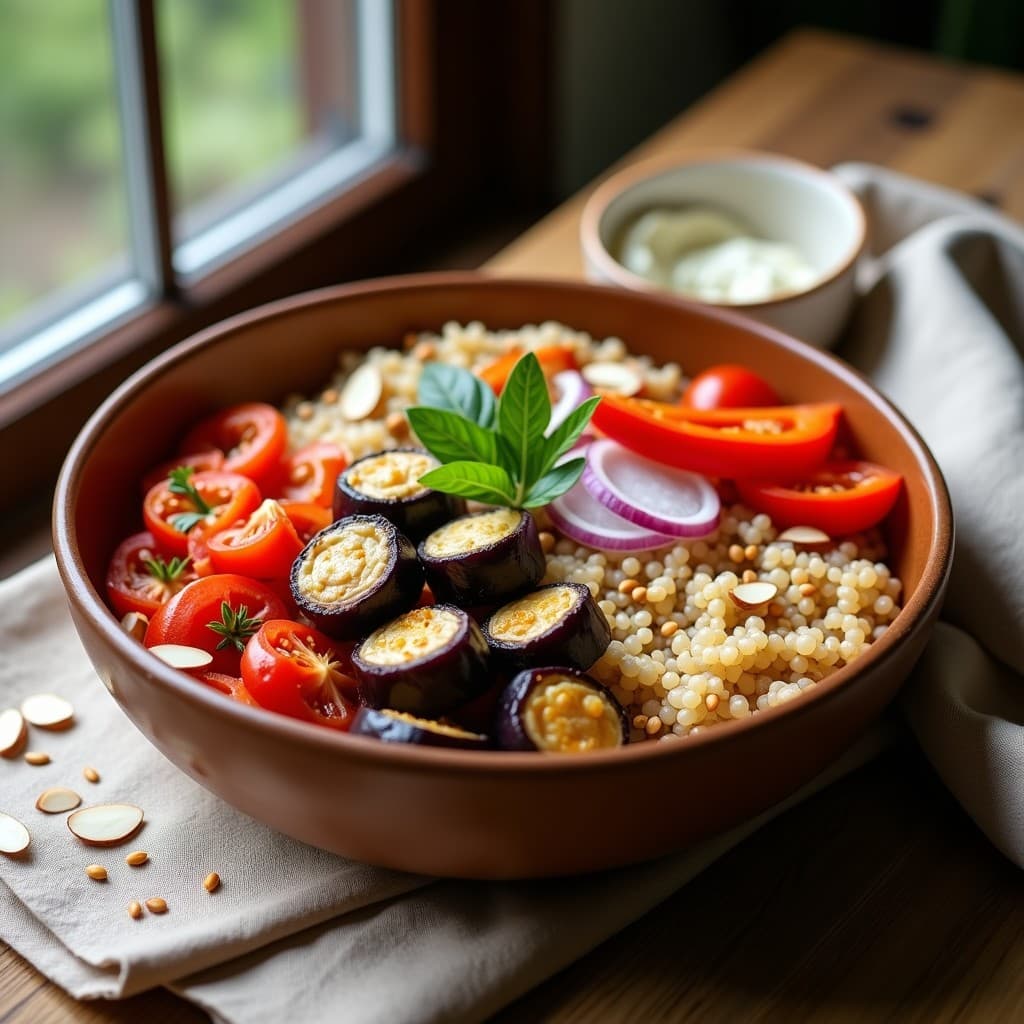 Buddha Bowl de Espelta y Berenjena Asada con Aderezo de Tahini y Limón: Receta Turca Sin Gluten