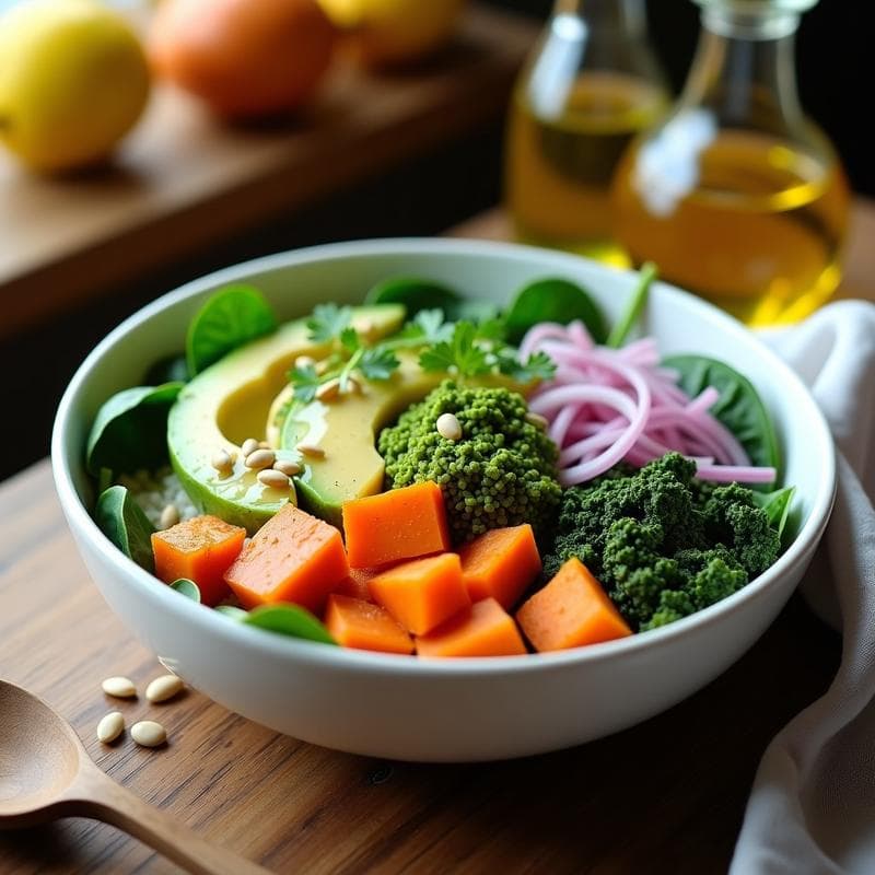 Buddha Bowl de Espirulina con Batata Asada y Aderezo de Limón y Aceite de Oliva: Receta vegana detox