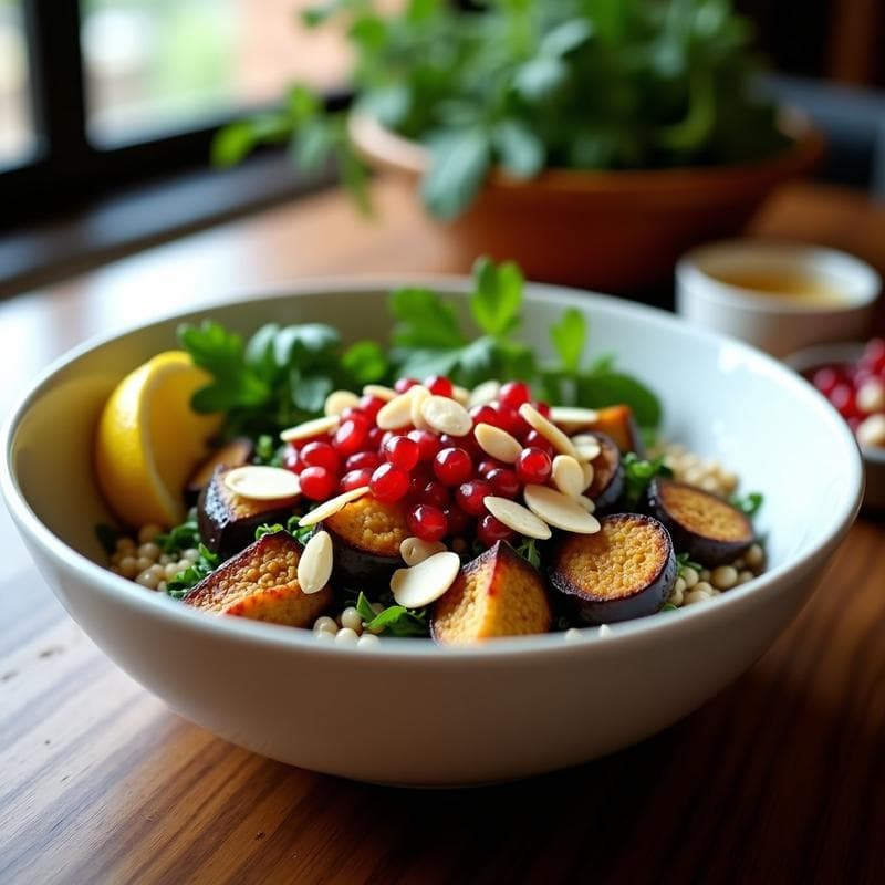 Buddha Bowl de Freekeh y Berenjenas Asadas con Aderezo de Granados: Receta Árabe en Olla Lenta