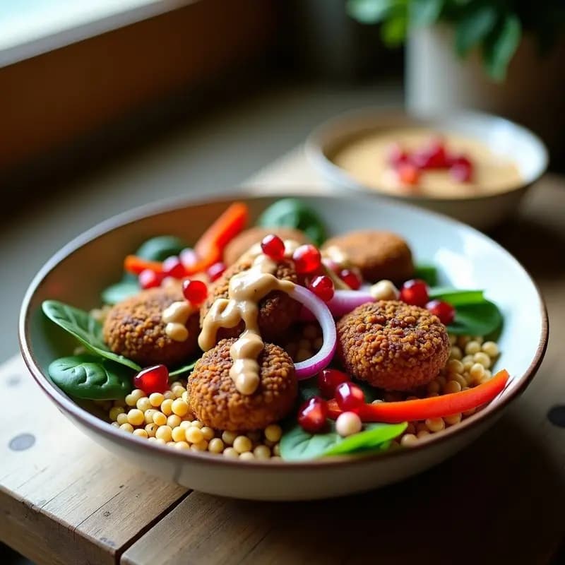 Buddha Bowl de Freekeh con Falafel de Garbanzos Negros y Salsa de Granado: Receta del Oriente Medio