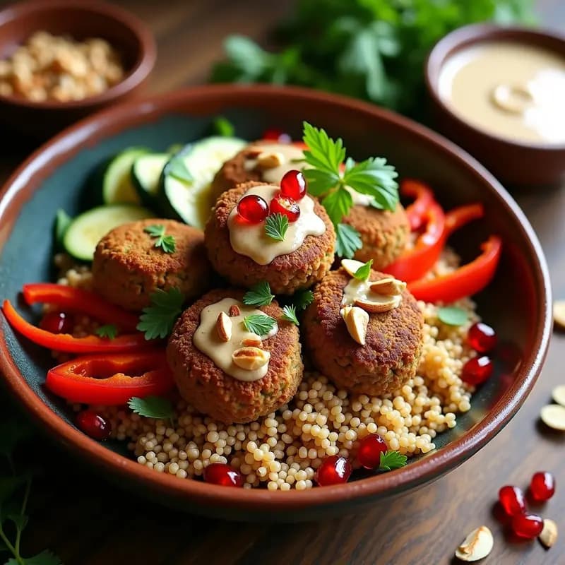 Buddha Bowl de Freekeh con Falafel y Tahini: Receta Mediterránea Vegana y Alta en Proteínas