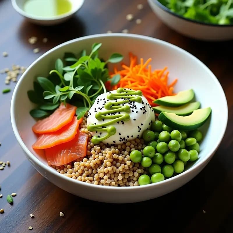 Buddha Bowl de Freekeh con Salmón Ahumado y Salsa de Wasabi: Receta Árabe-Japonesa Fusion