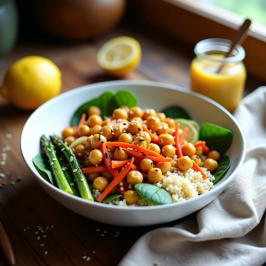 Buddha Bowl de Garbanzos Crujientes, Espárragos y Salsa de Limón y Mostaza: Receta Vegana y Sin Gluten