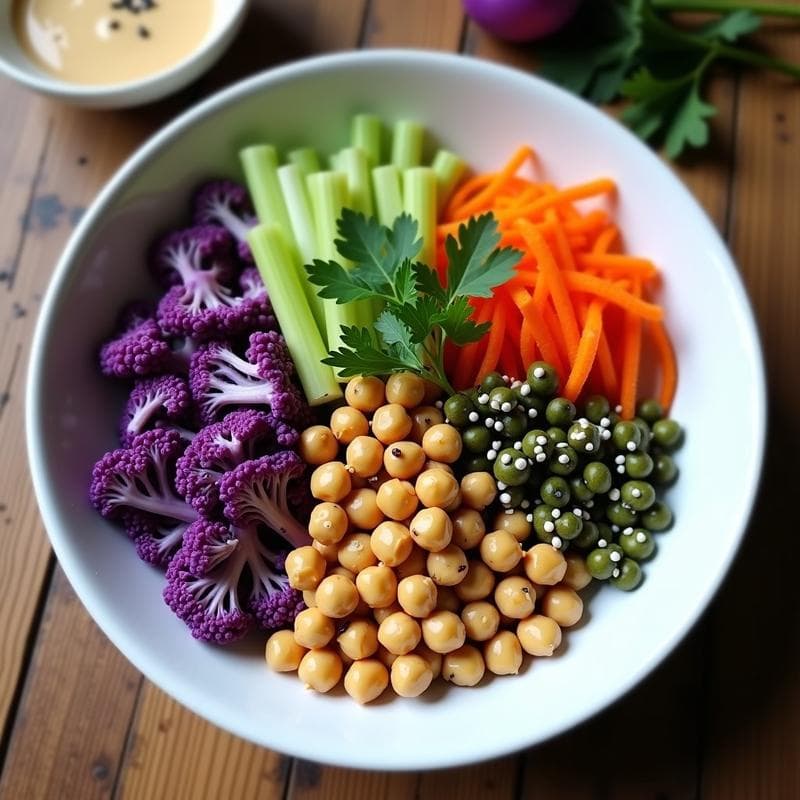 Buddha Bowl de Garbanzos Tostados y Coliflor Morada: Receta Crudivegana con Aderezo de Tahini