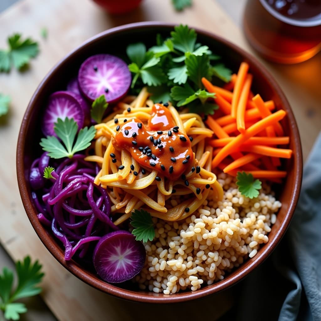 Buddha Bowl de Jackfruit Desmenuzado y Col Morada con Aderezo de Tamari: Receta Vegana y Sin Gluten