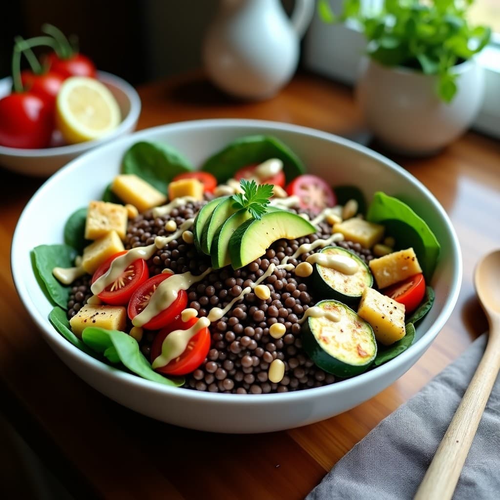 Buddha Bowl de Lentejas Beluga y Calabacín Asado con Aderezo de Limón y Tahini