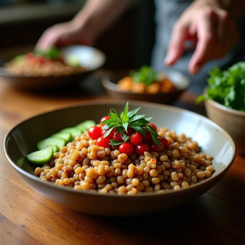 Buddha Bowl de Lentejas Rojas con Aderezo de Tahini y Granada: Receta Libanes Vegana en 15 Minutos