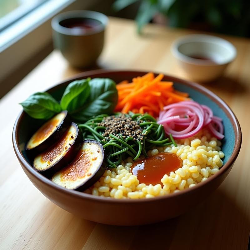 Buddha Bowl de Mijo con Berenjena Ahumada y Aderezo de Miso: Receta Macrobiótica