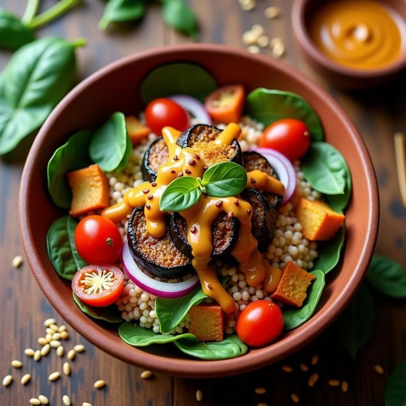 Buddha Bowl de Mijo Africano con Salsa de Cacahuete y Berenjena Asada: Receta Vegana Alta en Hierro