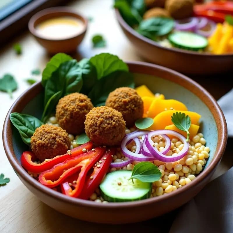Buddha Bowl de Mijo con Falafel de Habas y Aderezo de Limón: Receta Vegana de Oriente Medio