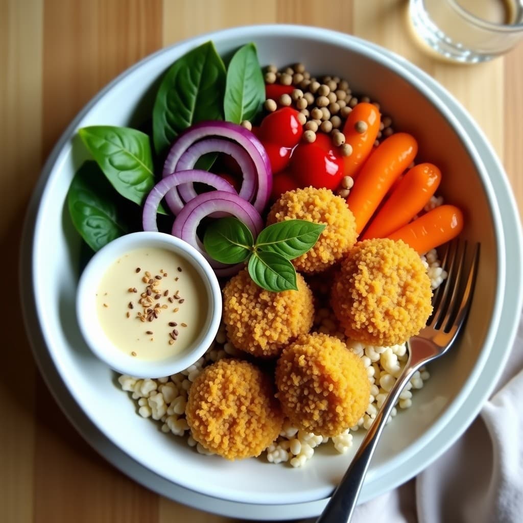 Buddha Bowl de Mijo con Proteína de Guisante y Aderezo de Tahini y Limón