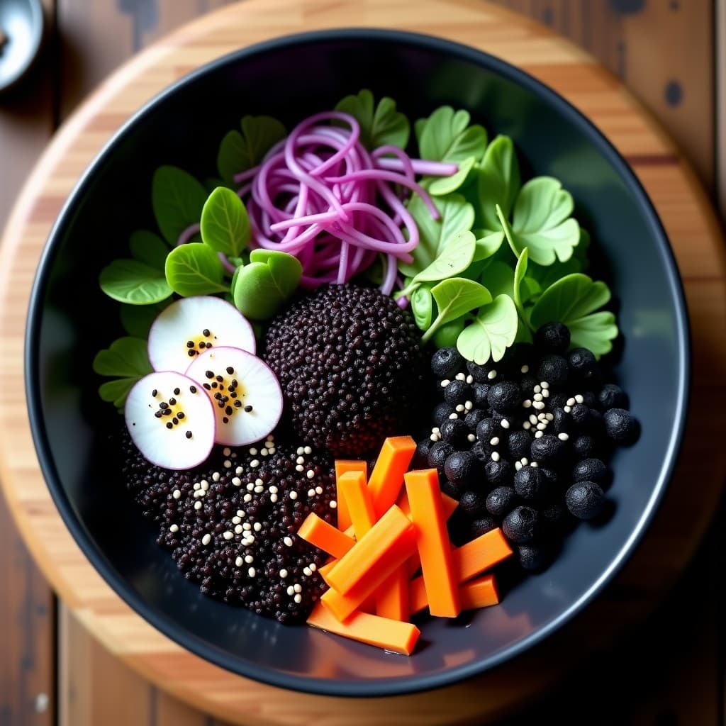Buddha Bowl de Quinoa Negra y Berros con Aderezo de Ajo Negro: Receta Vegana y Antioxidante