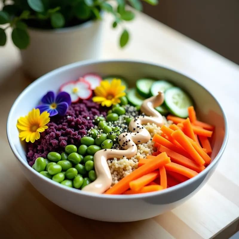 Buddha Bowl de Quinoa, Edamame y Salsa de Tahini con Décor de Flores Comestibles