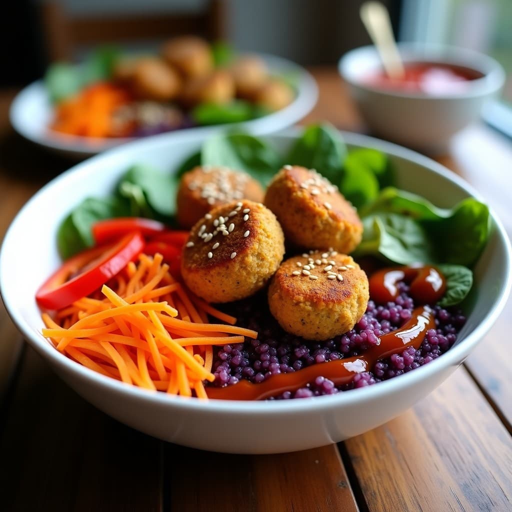 Buddha Bowl de Quinoa Morada con Falafel de Habas y Salsa de Tamarindo: Receta Sin Gluten y Alta en Proteína