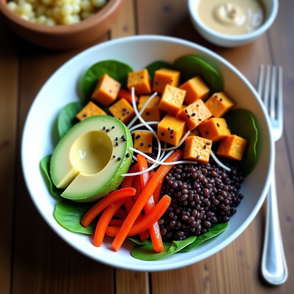 Buddha Bowl de Quinoa Negra y Batata Asada con Aderezo de Tahini de Sésamo Negro
