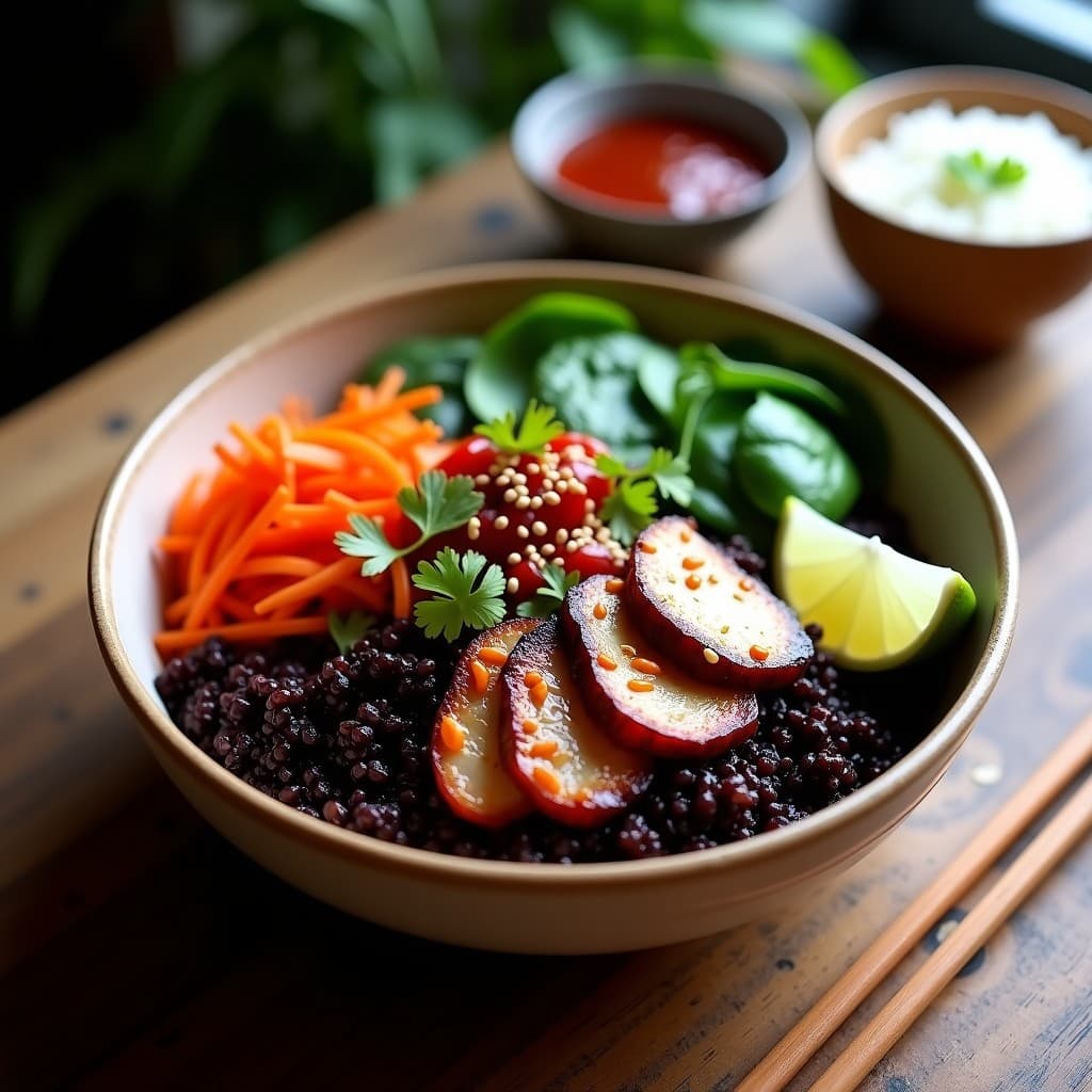 Buddha Bowl de Quinoa Negra con Pato Ahumado y Salsa de Ciruela: Receta Fusion Chino-Peruana en Airfryer
