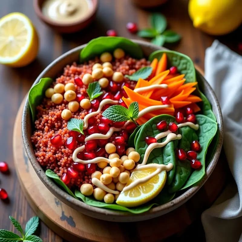 Buddha bowl de quinoa roja con aderezo de tahini y granada: Receta siria alta en antioxidantes