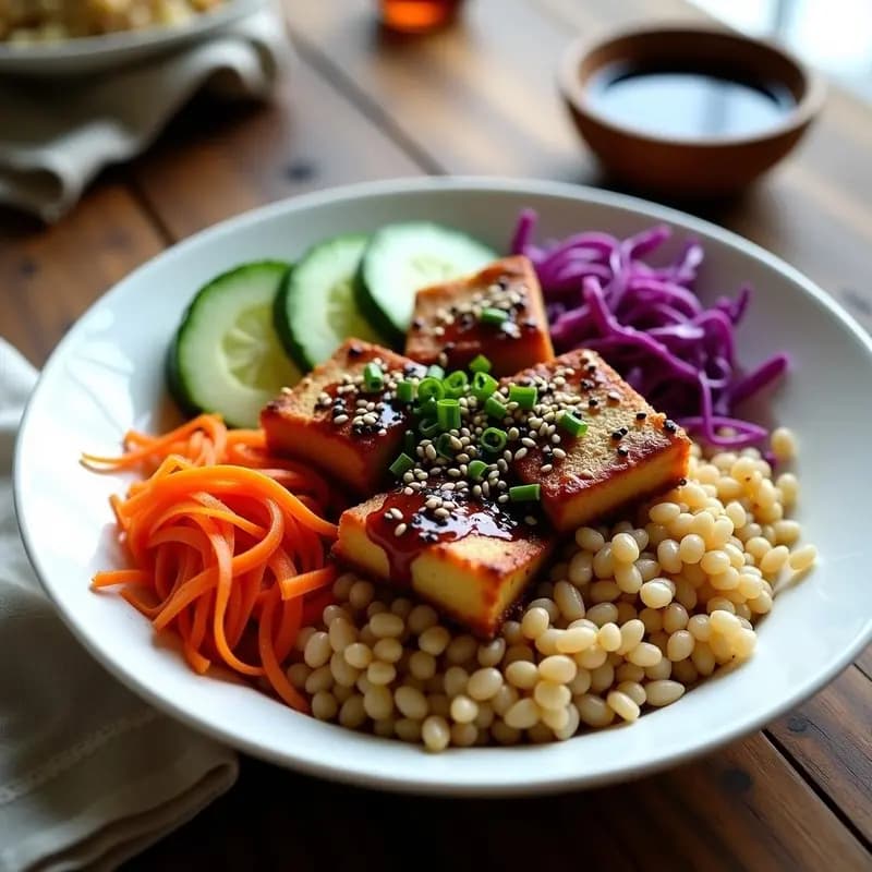 Buddha Bowl de Sorgo con Tempeh Marinado en Salsa Teriyaki: Receta Vegana Alta en Fibra