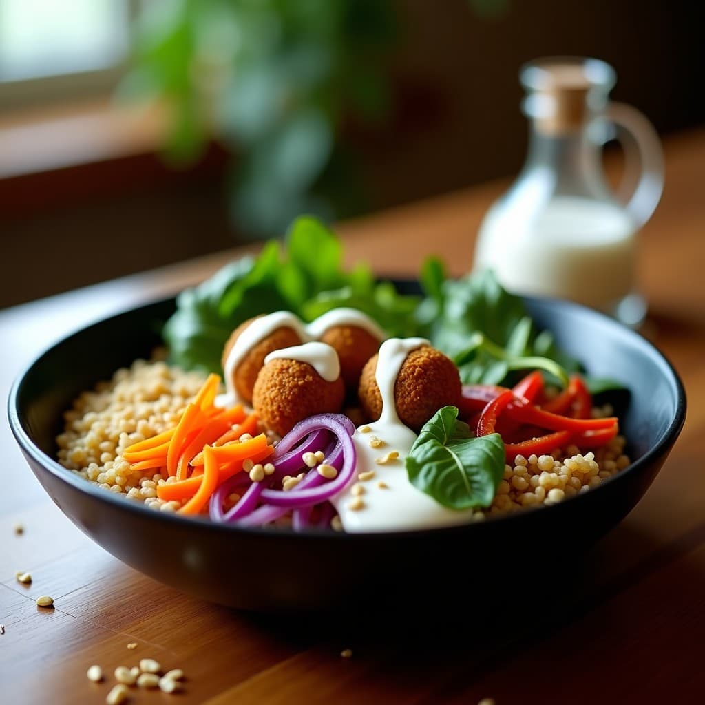 Buddha Bowl de Teff con Falafel de Habas y Aderezo de Yogur de Soja: Receta Etiopiana Vegana