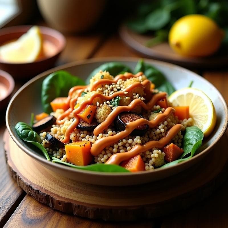 Buddha Bowl de Teff y Vegetales Asados: Receta Etiopía Vegana con Aderezo de Berbere