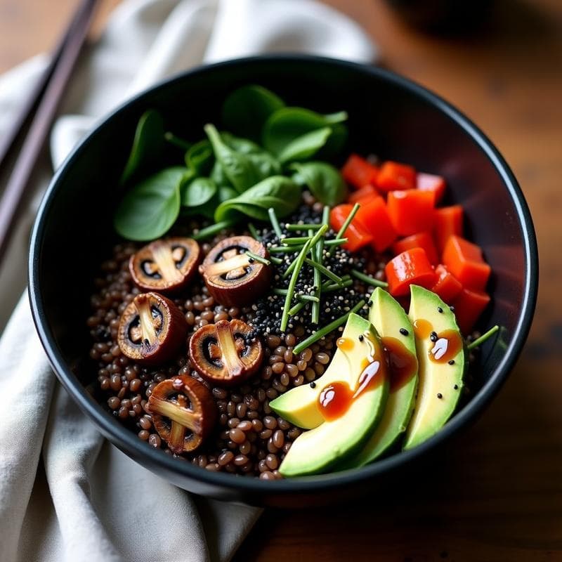 Buddha Bowl de Trigo Sarraceno y Hongos Shimeji: Receta Japonesa Keto con Vinagreta de Uméboshi