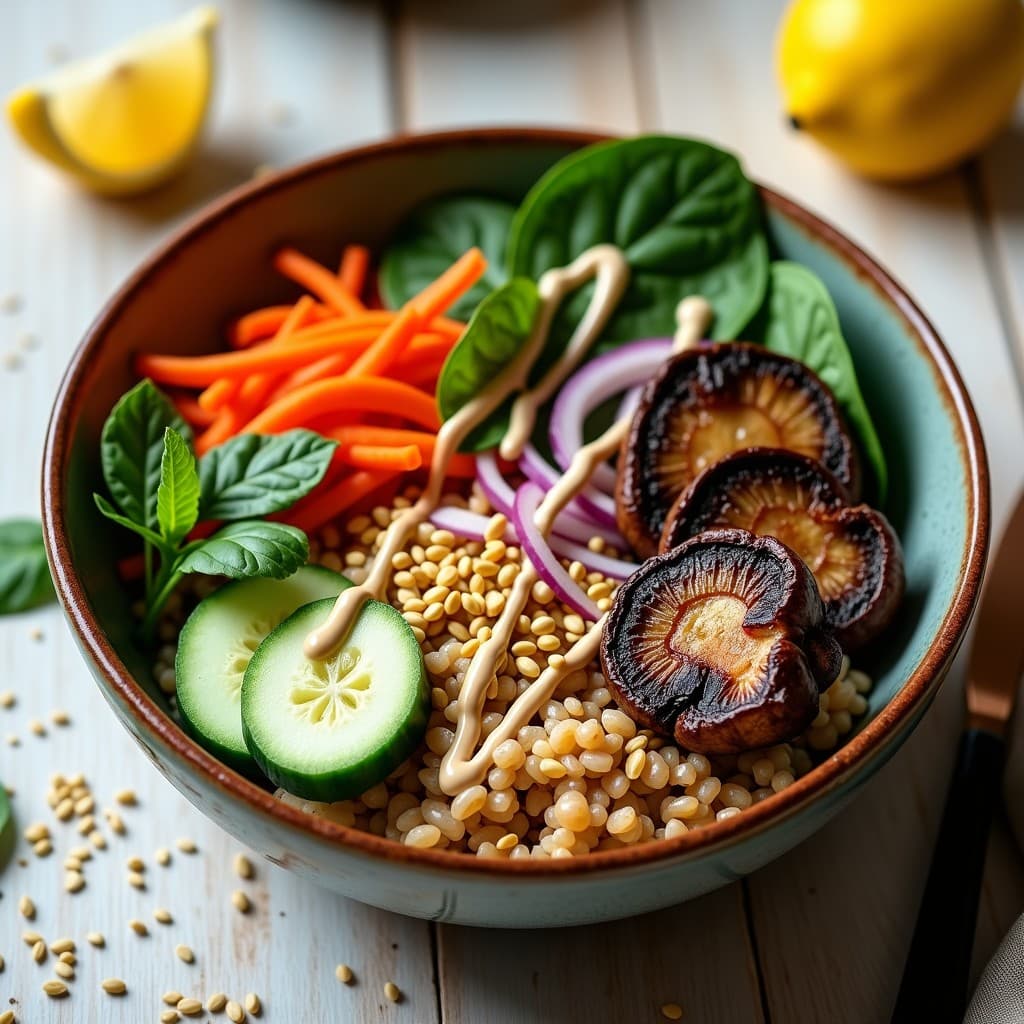 Buddha Bowl de Trigo Sarraceno y Champiñones Portobello: Receta Vegana con Aliño de Tahini y Limón