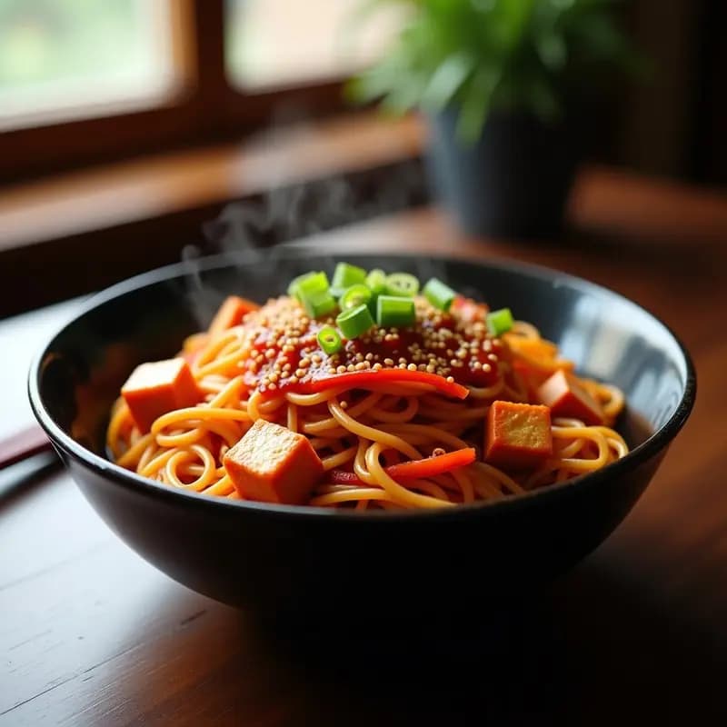 Buldak Bokkeum Myeon con Tofu: Receta Coreana Picante y Vegana en 10 Minutos