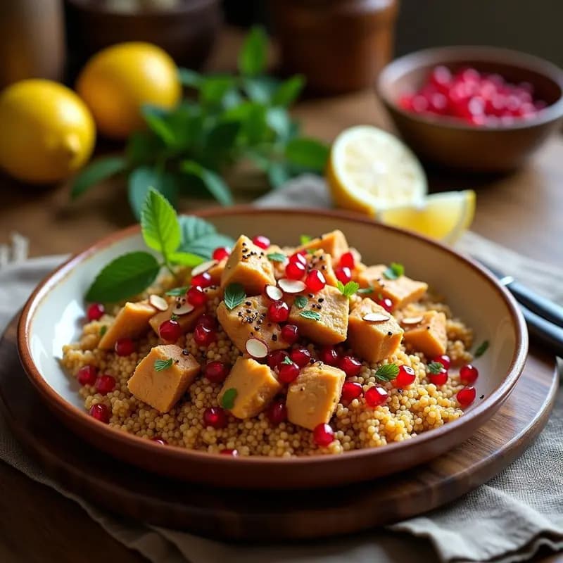 Bulghur Salteado con Pollo y Granados: Receta Árabe Alta en Proteína con Especias Baharat