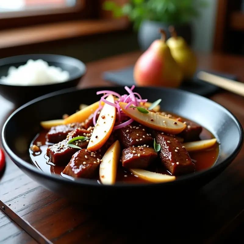 Bulgoqi Corea de Res con Salsa de Peras: Plato Principal en 25 Minutos con Toque Dulce