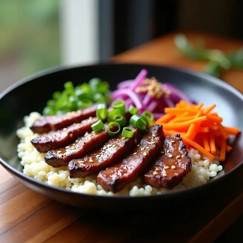 Bulogi Coreano con Carne de Res y Salsa de Peras: Receta en Airfryer con Arroz de Coliflor y Kimchi