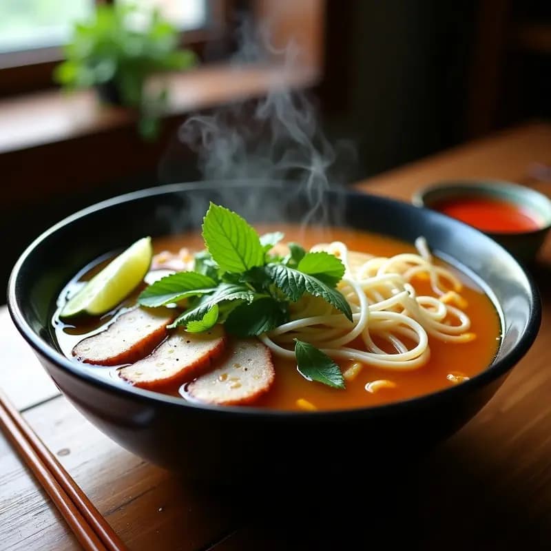 Bun Bo Hue: Sopa Vietnamita de Fideos con Cerdo y Hierbas Aromáticas
