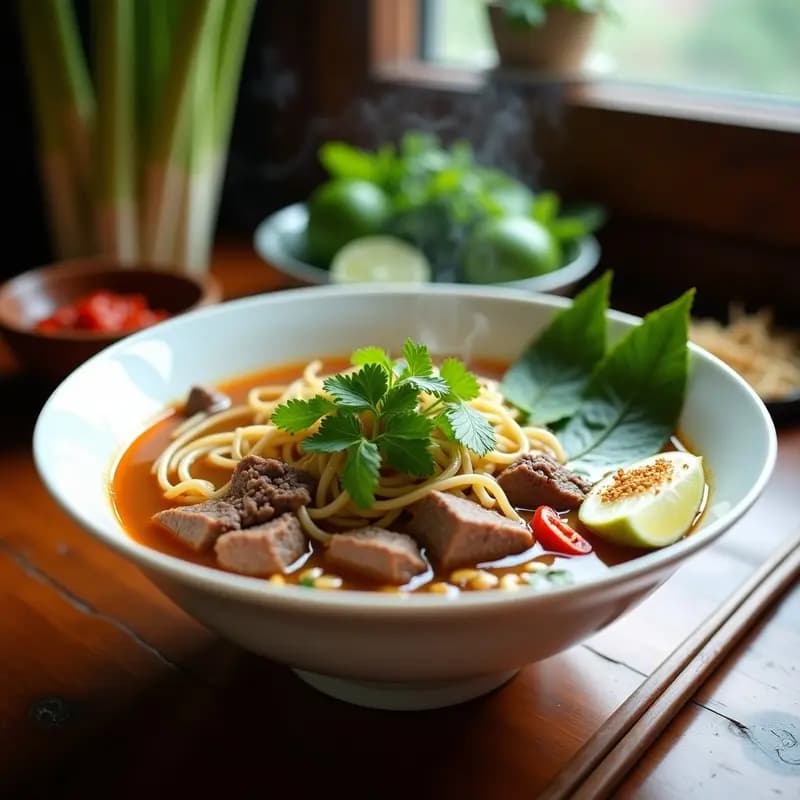 Bun Bo Hue de Ternera y Vermicelli: Sopa Vietnamita Picante y Aromática
