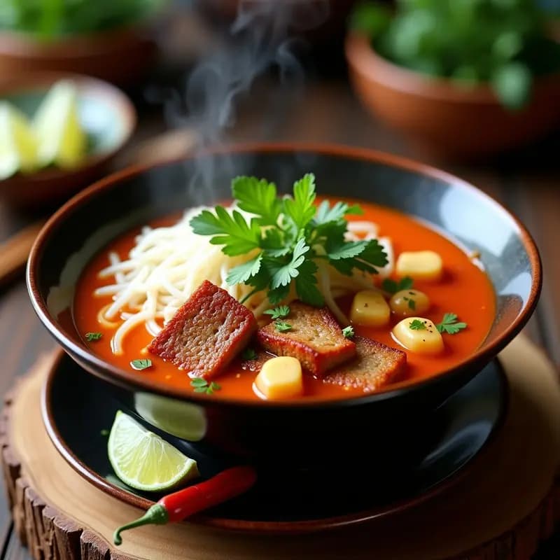 Bun Bo Hue Vegano con Seitan y Fideos de Arroz: Sopa Picante de Vietnam Central