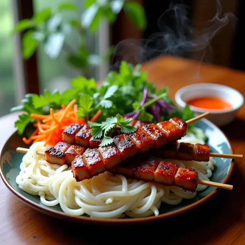 Bun Cha Hanoi: Brochetas Vietnamitas de Cerdo con Fideos y Hierbas Frescas