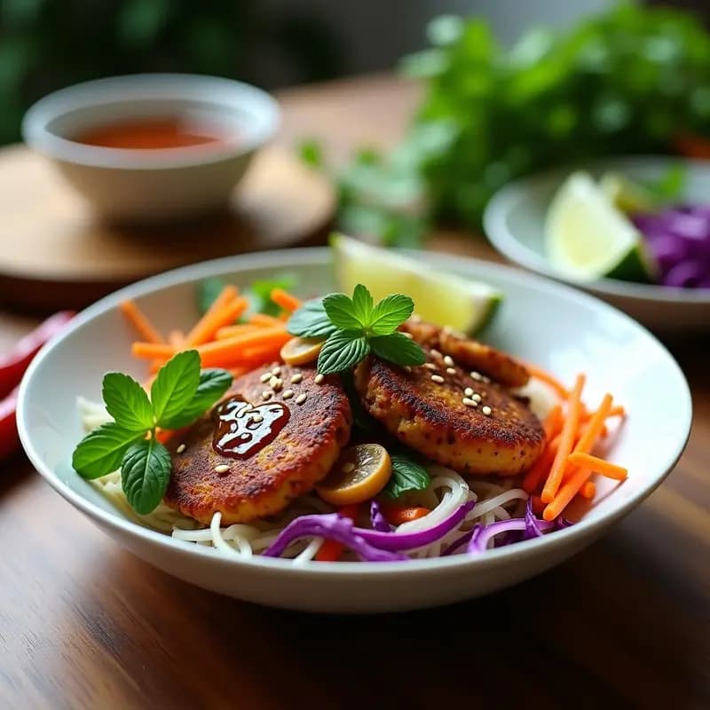 Bun Cha Hanoi Vegano con Hamburguesas de Hongo Shiitake: Receta Vietnamita en Airfryer