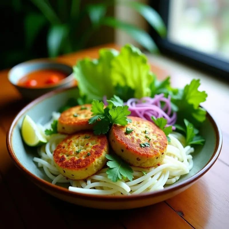 Bun Cha Vieta Namita de Jackfruit: Hamburguesa de Plátano Macho con Hierbas Frescas y Salsa Nuoc Cham