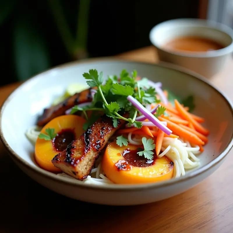 Bun Cha Hanoi de Seitan y Melocotón: Receta Vietnamita Vegana con Toque Dulce