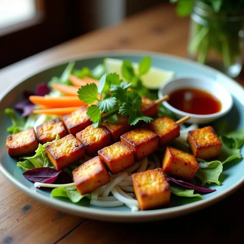 Bun Cha de Seitán y Tofu: Receta Vietnamita Vegana con Brochetas al Horno