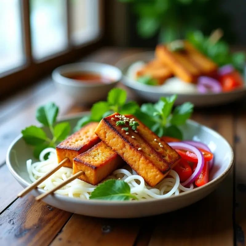Bun Cha Vietnamesita de Tofu Ahumado: Receta Vegana con Brochetas Crujientes